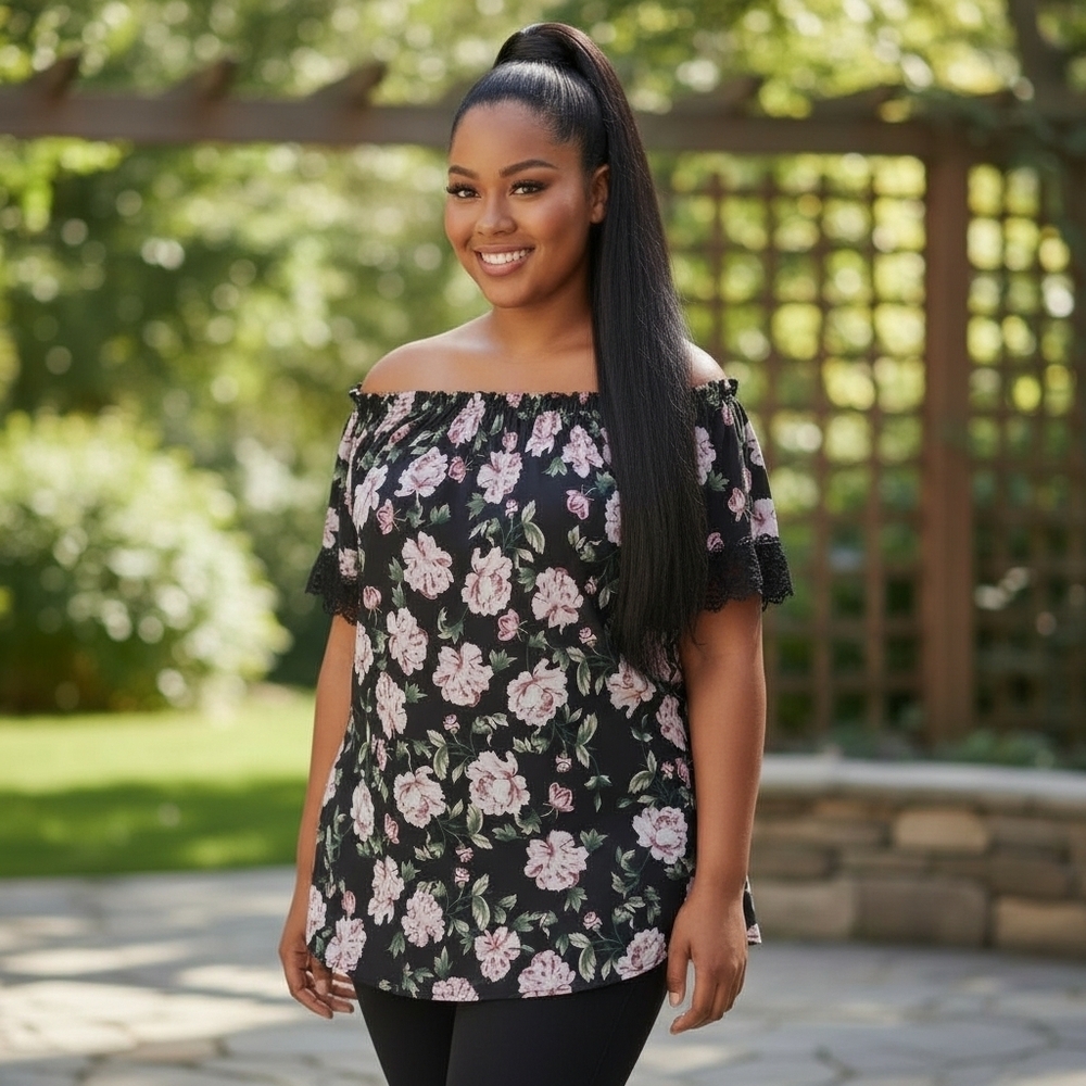 Roommates  Off Shoulder Floral Print Stretch Tunic Top Lace Trim